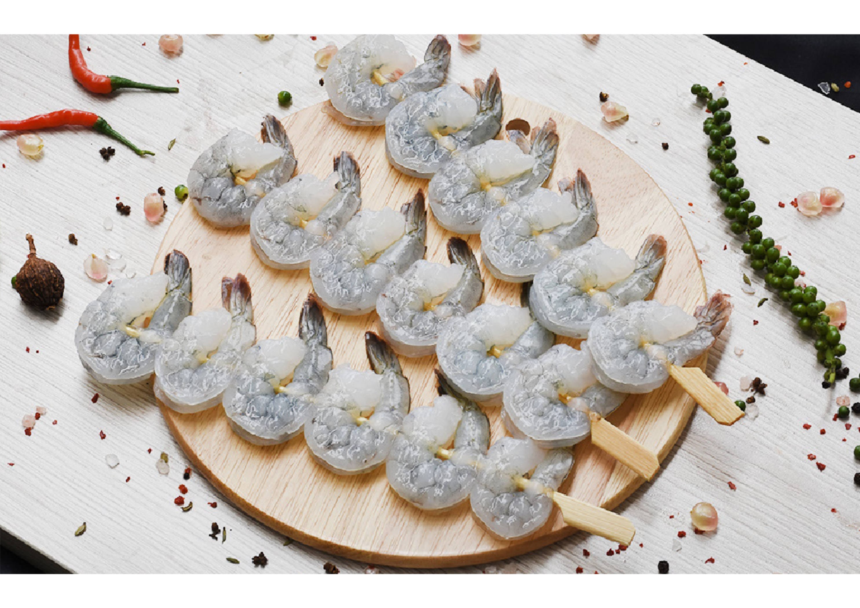 RAW VANNAMEI SHRIMP PDTO DOUBLE SKEWER FROZEN (ROUND OR FLAG BAMBOO STICK)